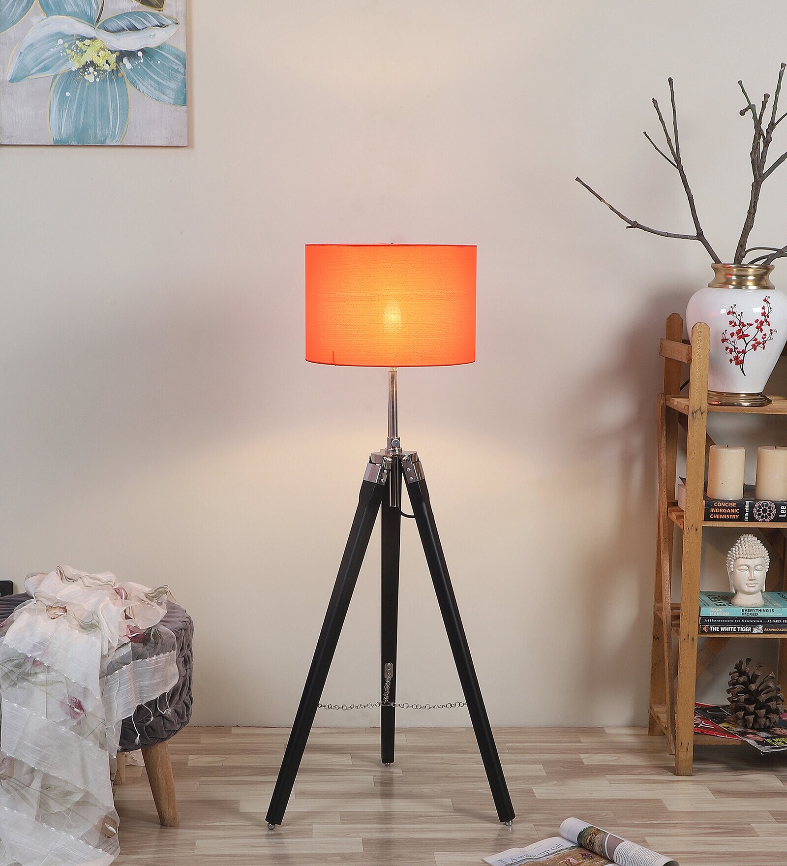 Orange Cotton Shade Tripod Floor Lamp with Black Base