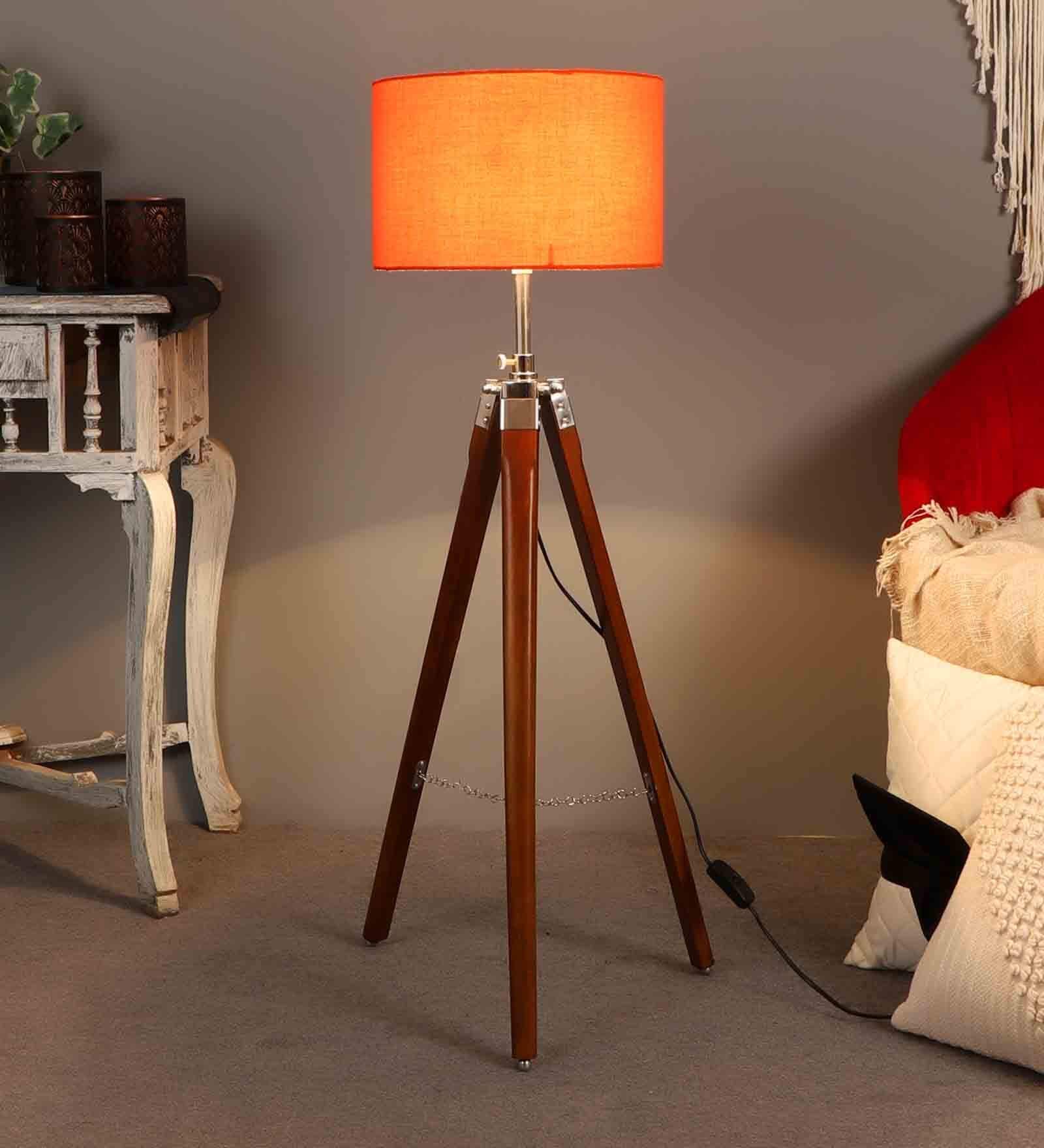 Orange Cotton Shade Tripod Floor Lamp With Mango wood Base