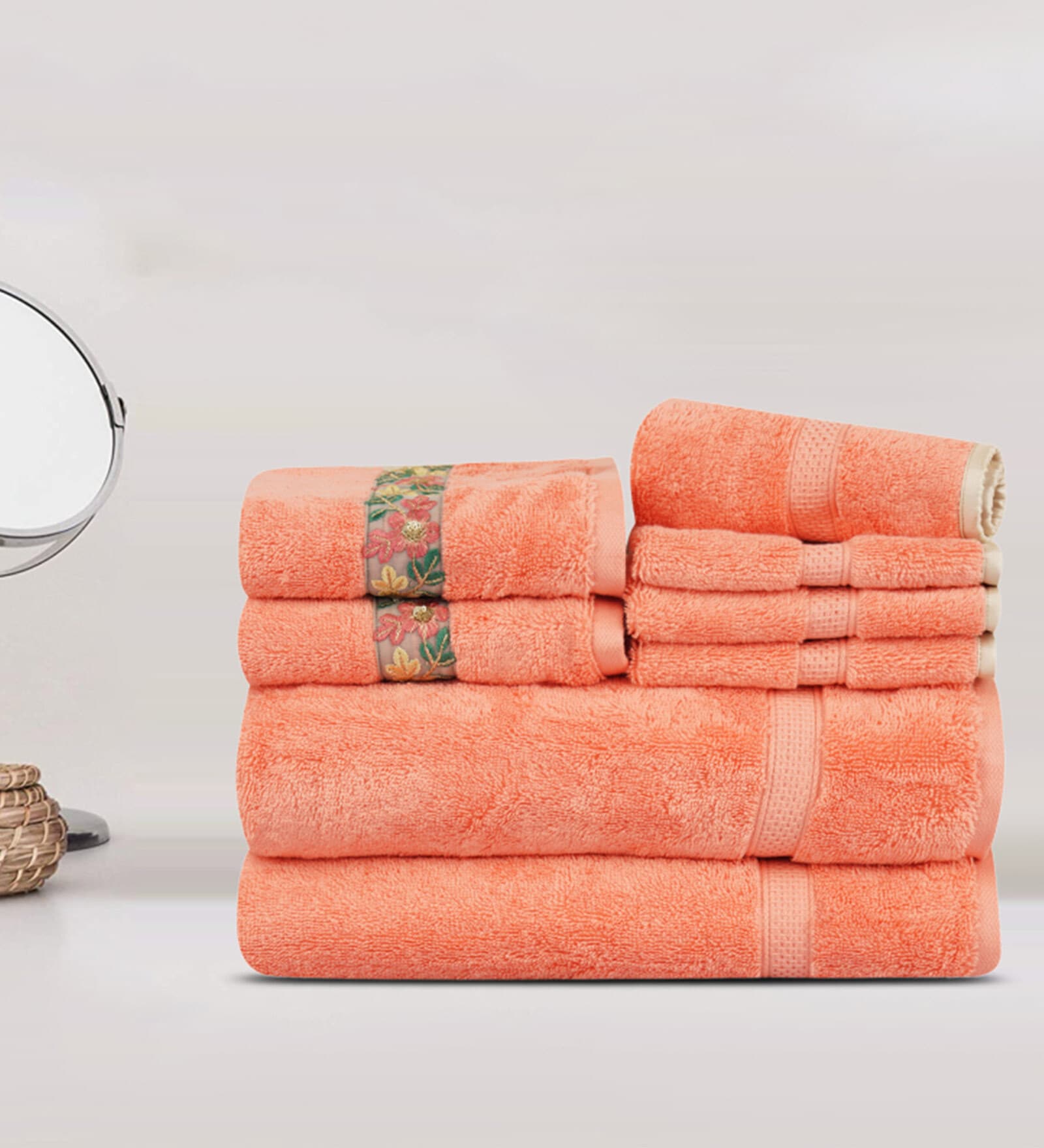 Buy Orange Cotton Solid 500 GSM Towel Set 8 Pieces by Lush & Beyond at