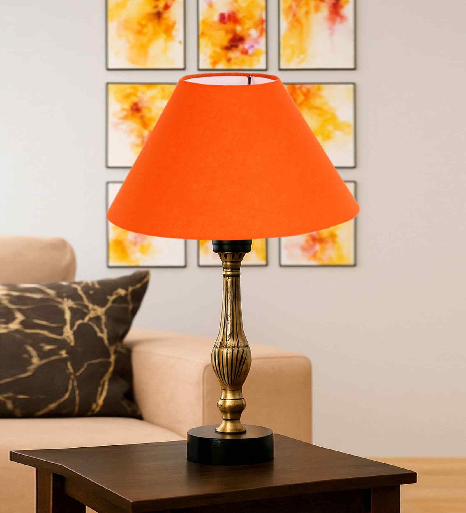 Orange Cotton Table Lamp With  Metal & Wood  Base -10X15 Inches
