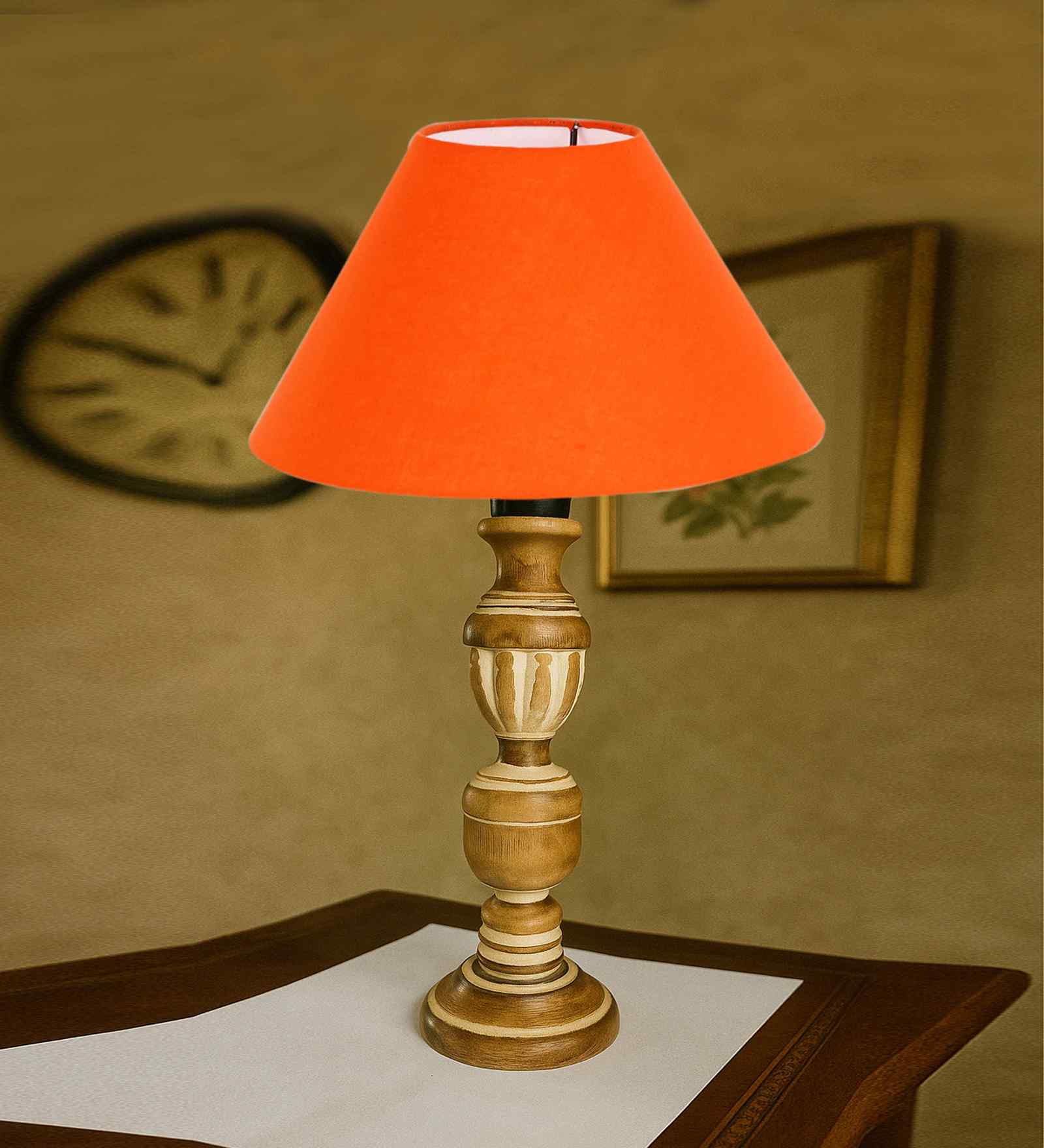 Orange Cotton Table Lamp With Wood Base -10X19 Inches Orange Cotton Table Lamp With Wood Base -10X19 Inches