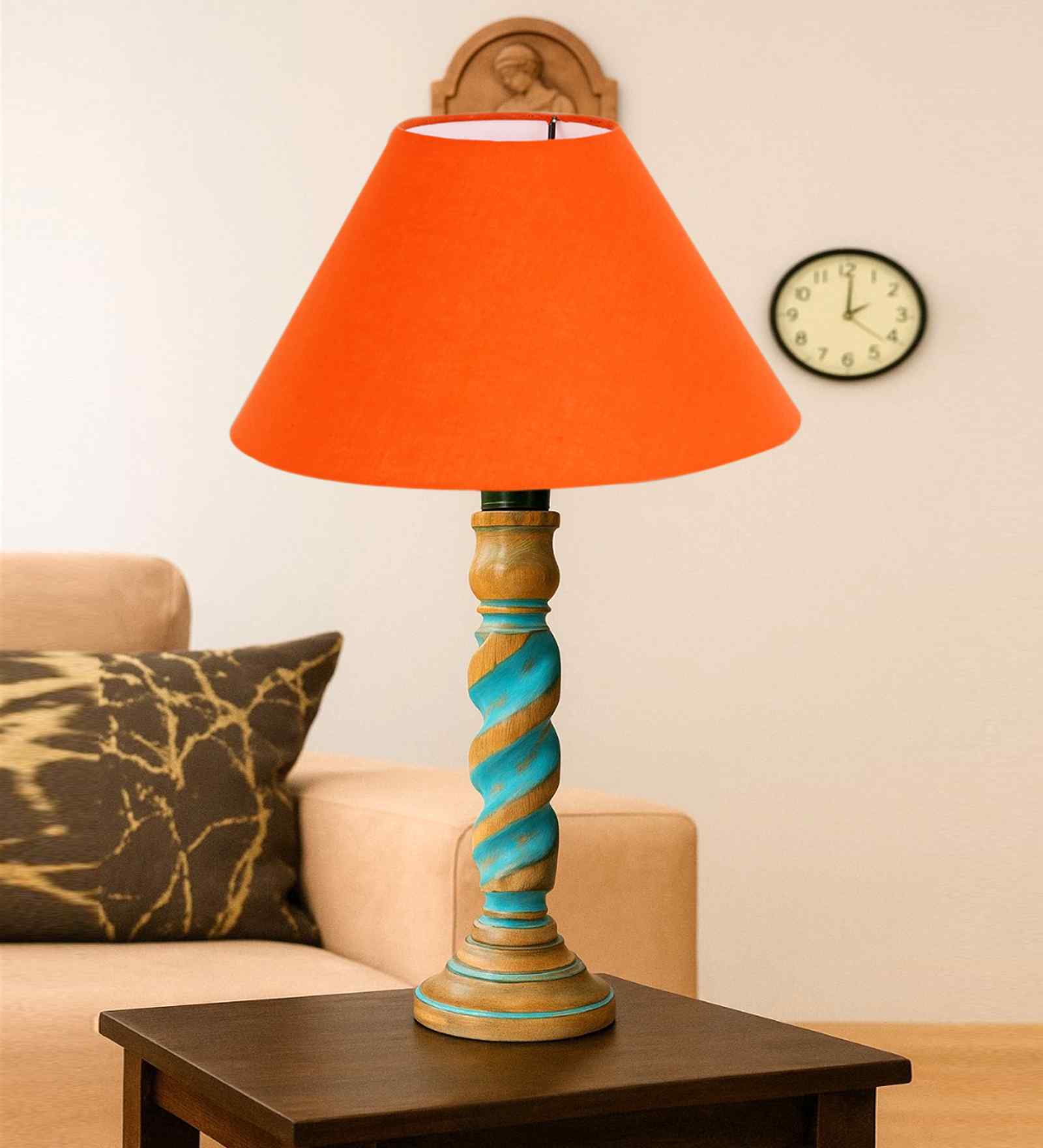 Orange Cotton Table Lamp With Wood Base -10X19 Inches Orange Cotton Table Lamp With Wood Base -10X19 Inches