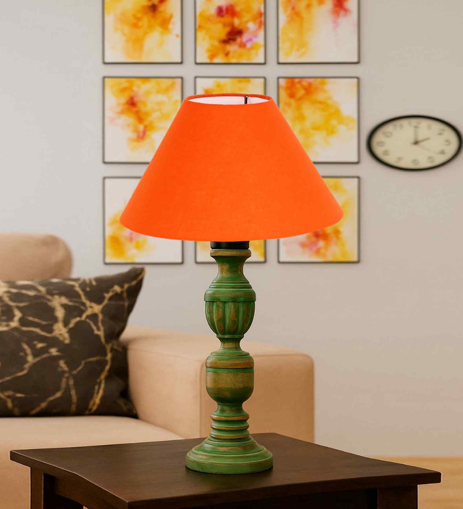 Orange Cotton Table Lamp With  Wood  Base -10X19 Inches