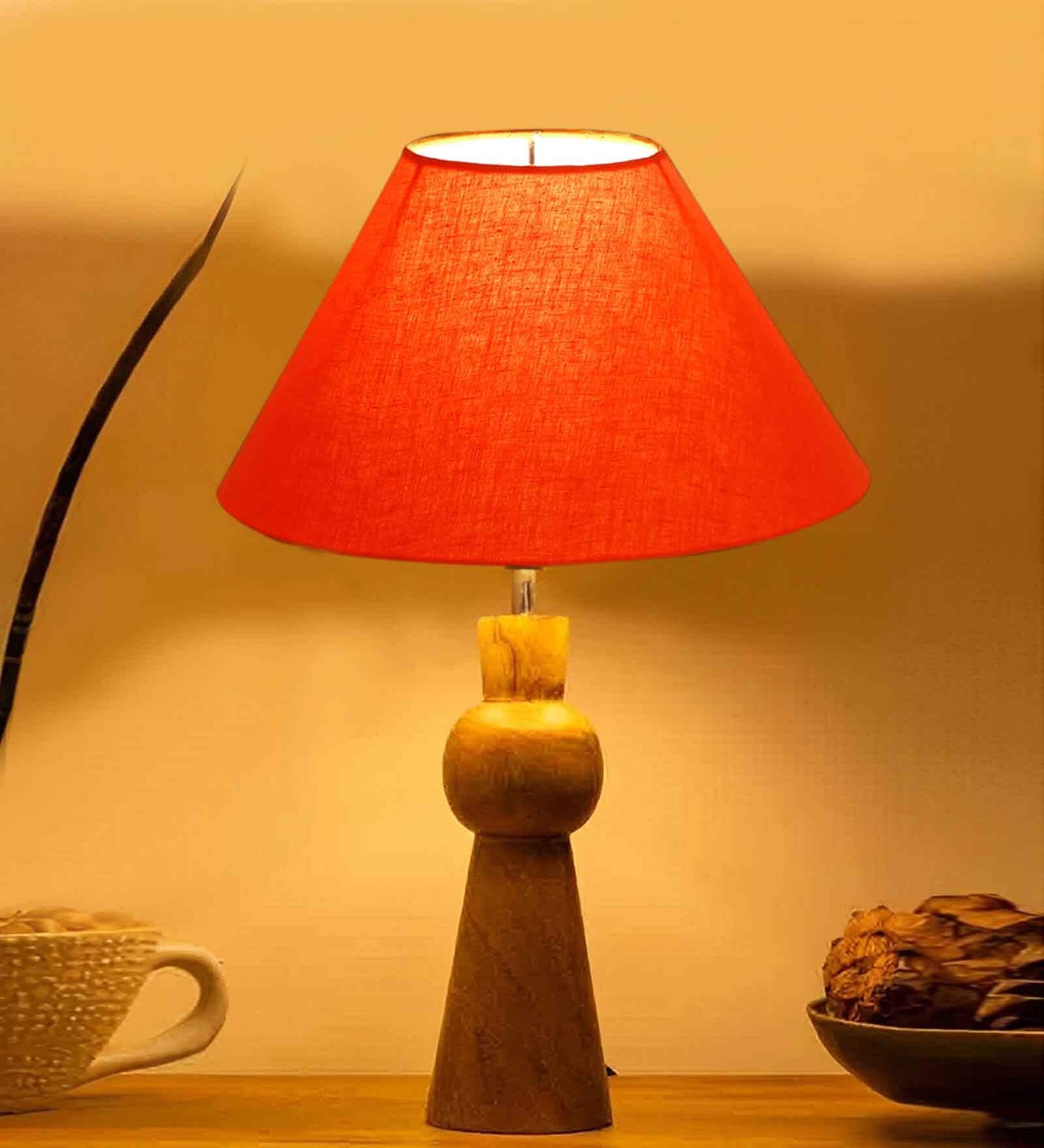 Orange cotton table lamp with  Wood Natural base -(10X18 inches)