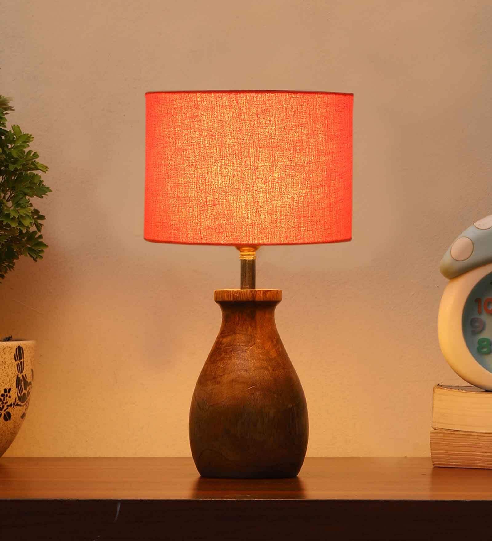 Orange Cotton Table Lamp With Wood Base