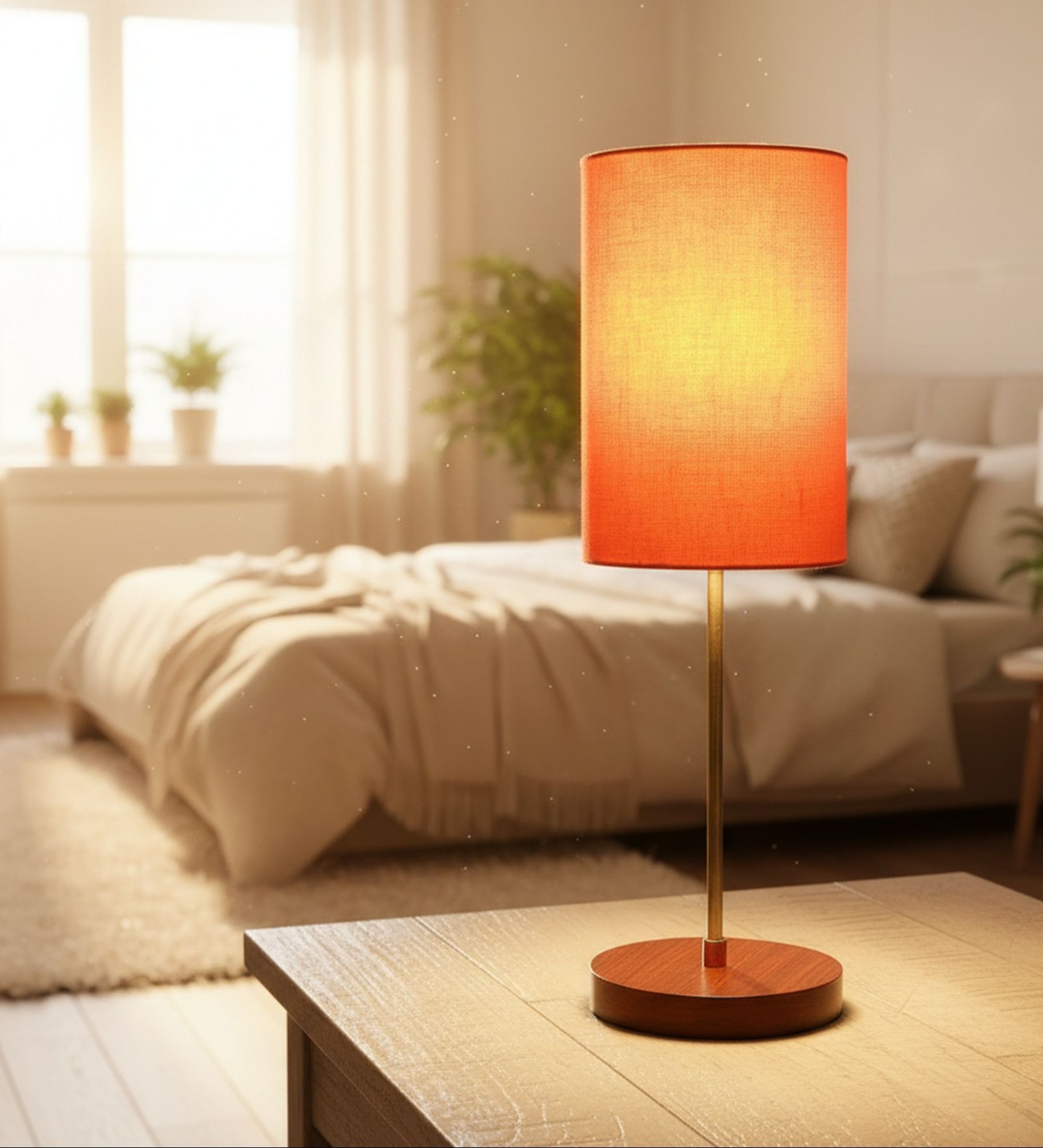 Orange Cylinder Fabric Shade Table Lamp, Brown Wooden Base Bedside & Desk Light for Bedroom, Living Room & Home Decor