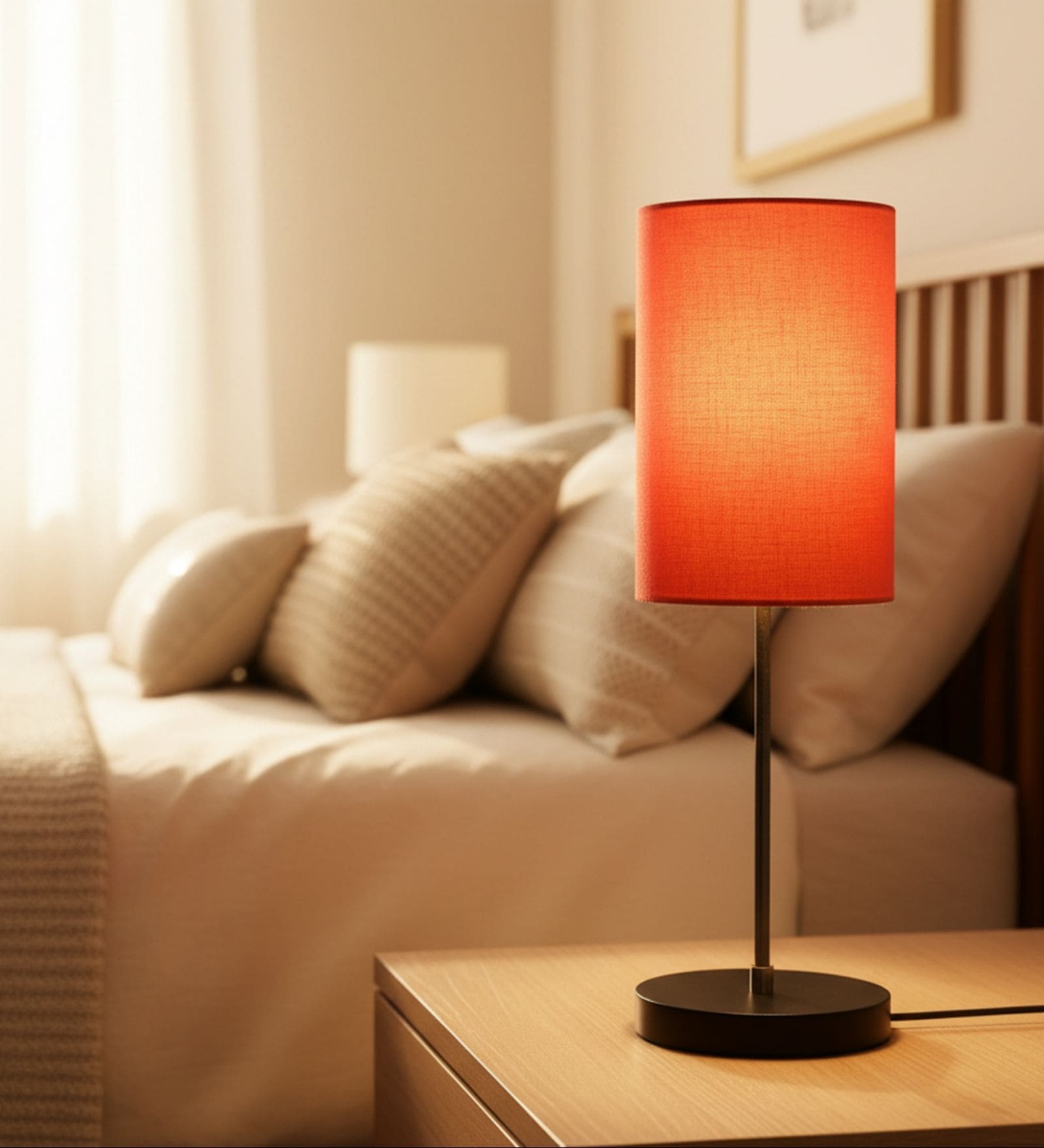 Orange Cylinder Fabric Shade with Modern Silver & Black Table Lamp for Bedroom & Living Room