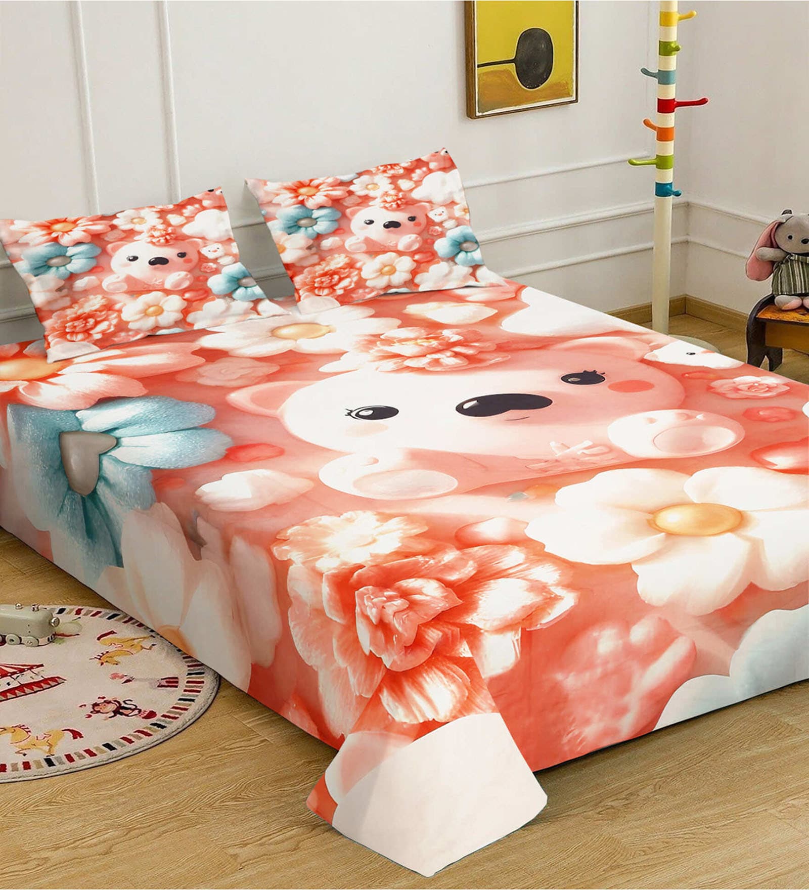 Orange Digital Cartoon Characters Printed Cotton Blend Double Bedsheet with 2 Pillow Covers