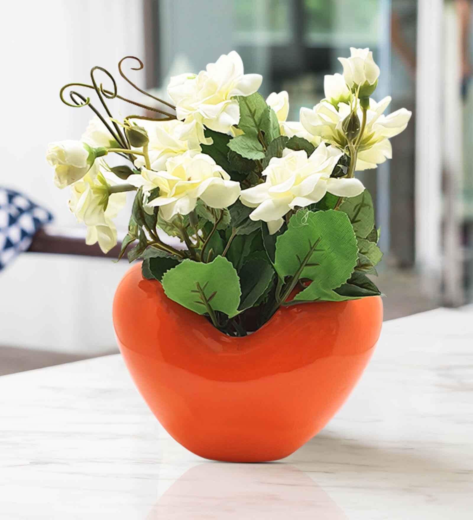Orange Fabric Artificial Flower Bunch with Ceramic Pot