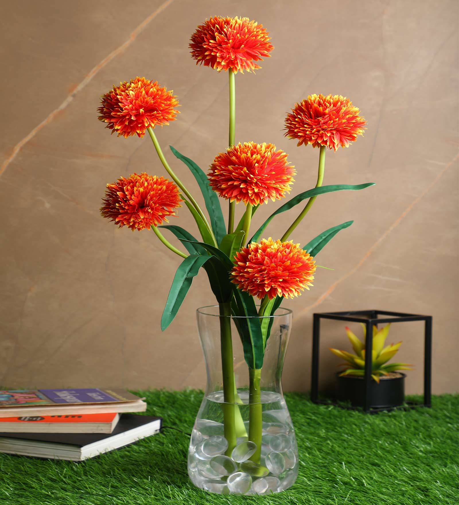Orange Fabric Decorative Artificial BallMum Flowers Set of 2