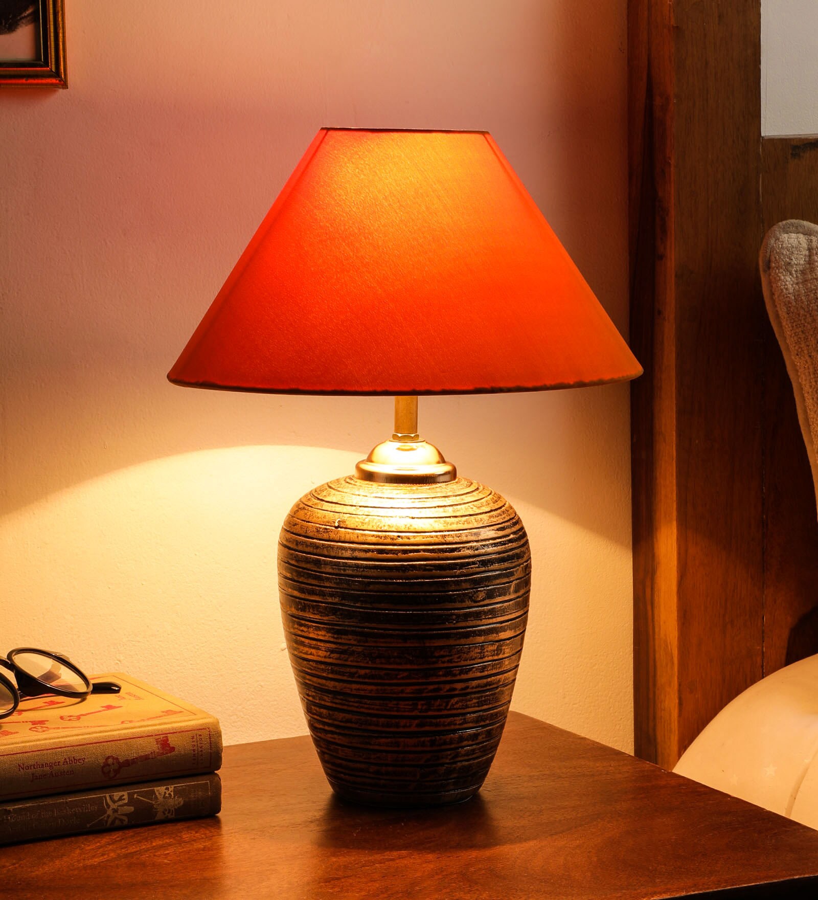Gabrielle Orange Fabric Shade Night Lamp With Teracotta Base