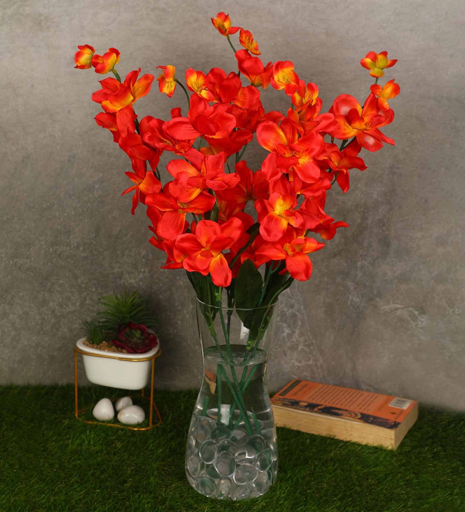 Orange Fabric Orchid Artificial Flower Pack of 5