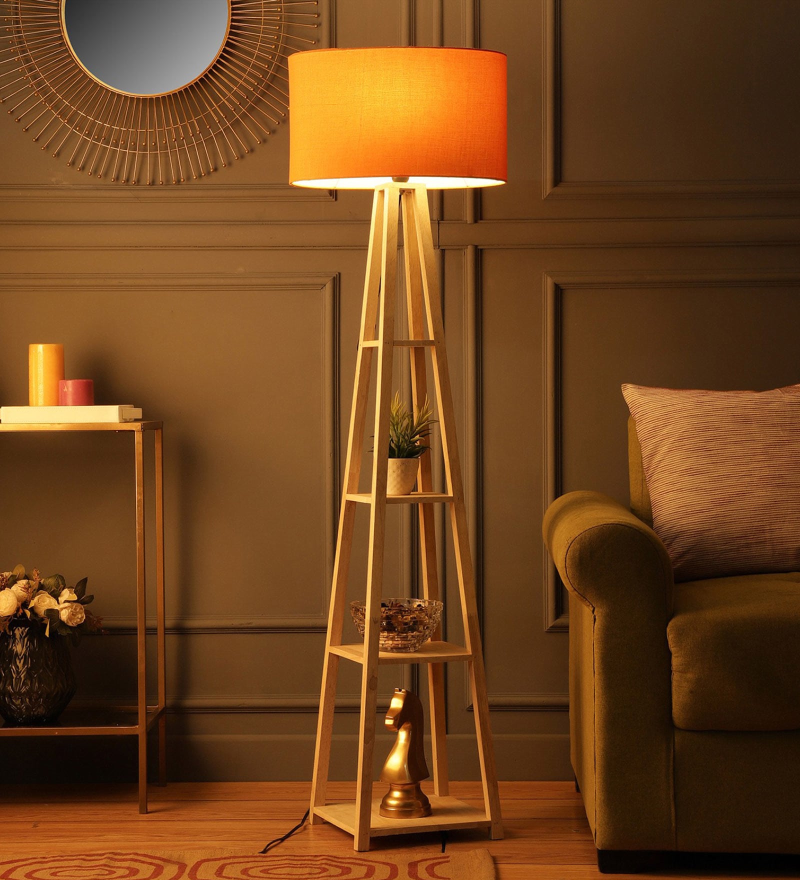 Euphoria Orange Fabric Shade Shelf Floor Lamp With Wood Base