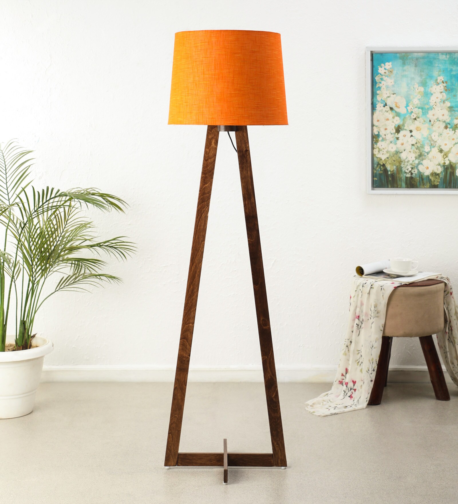 Noel Orange Fabric Shade Club Floor Lamp With Wood Base