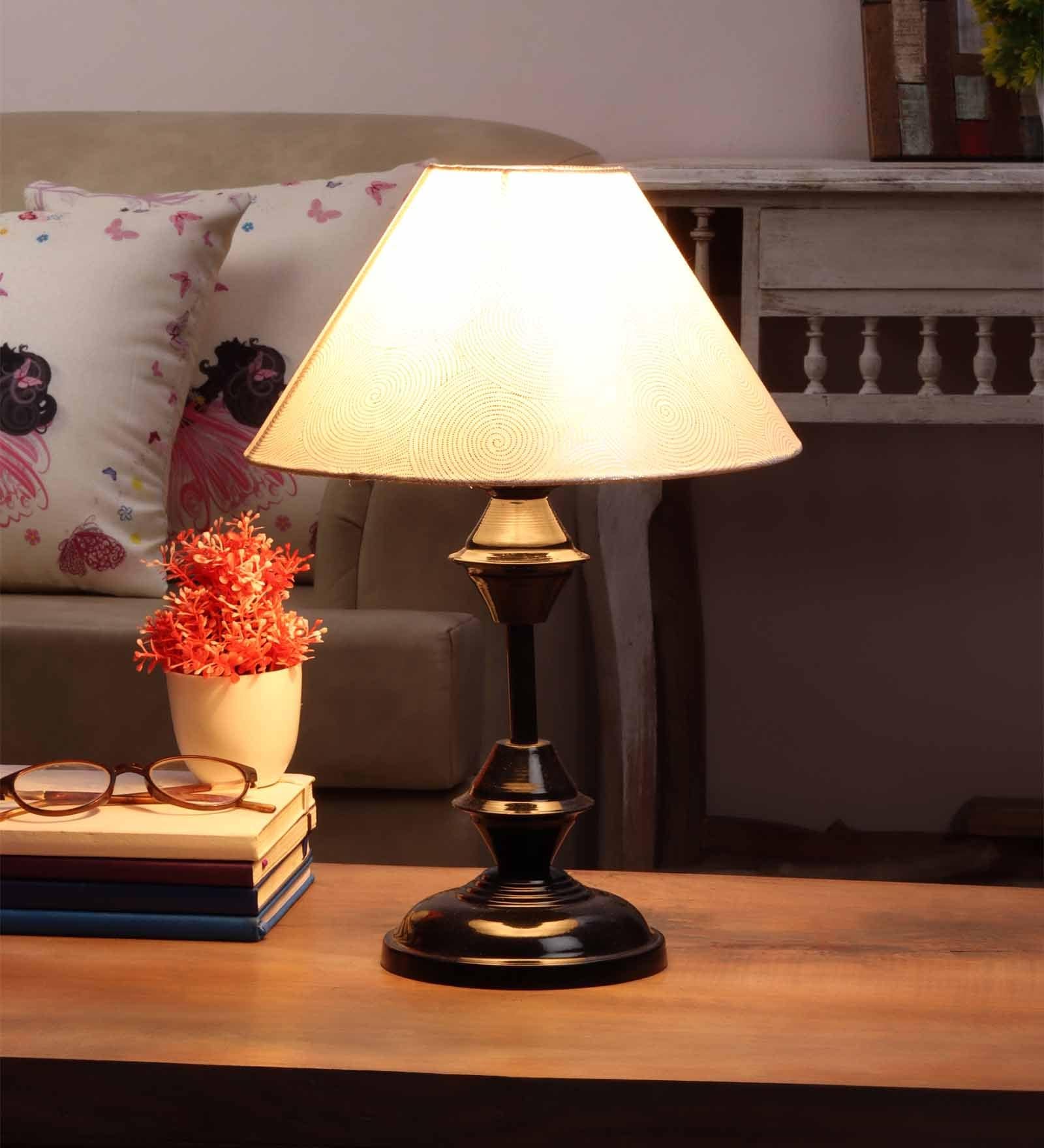 Silver Fabric Shade Table Lamp with Black Base