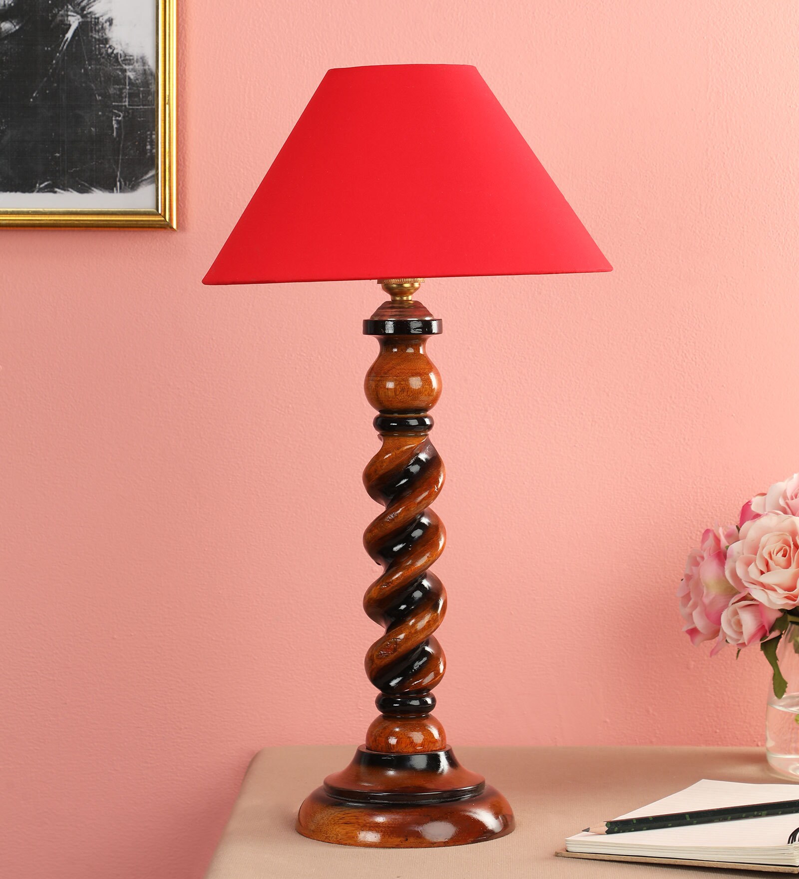 Orange Fabric Shade Table Lamp With Brown Base