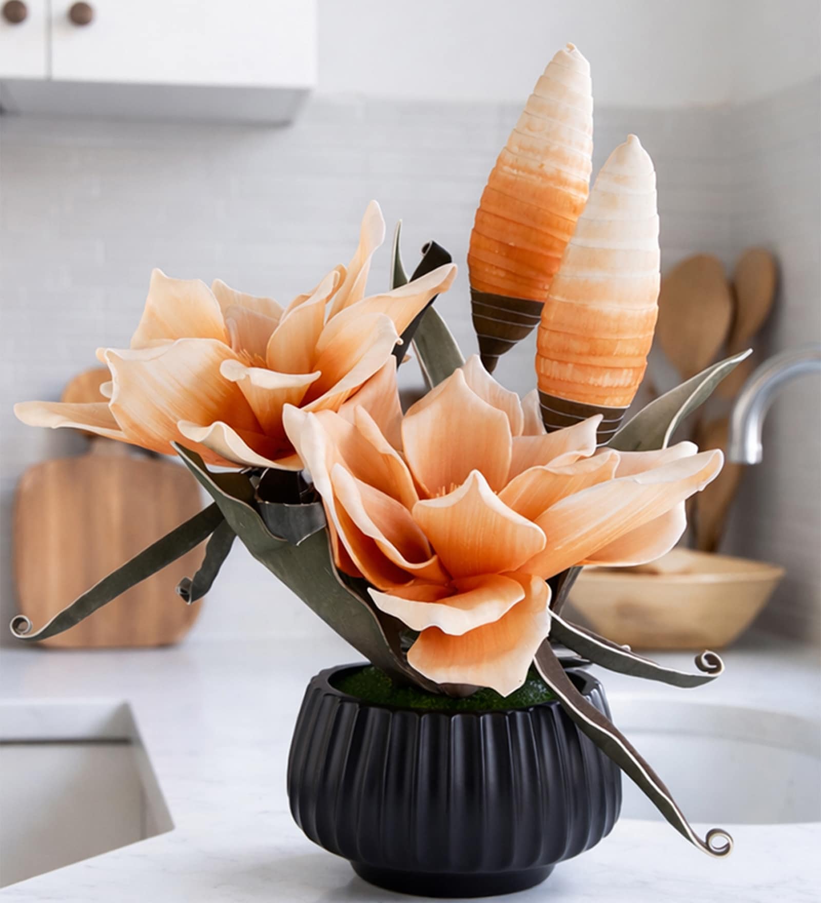 Orange Faux Leather Opulent Dawn Magnolia Arrangement Pot With Flower