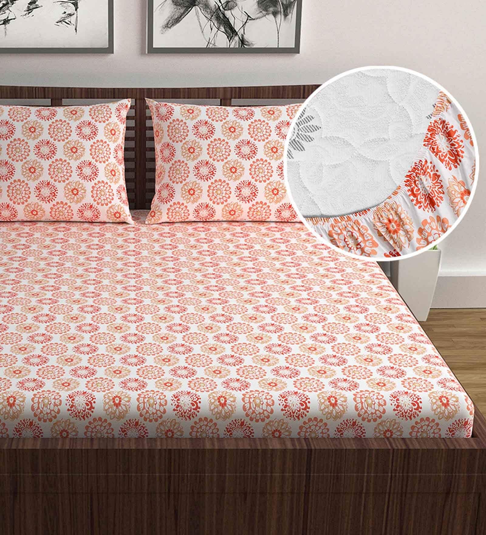 Pink Floral 144 TC Cotton Double Fitted Bedsheet with 2 Pillow Covers