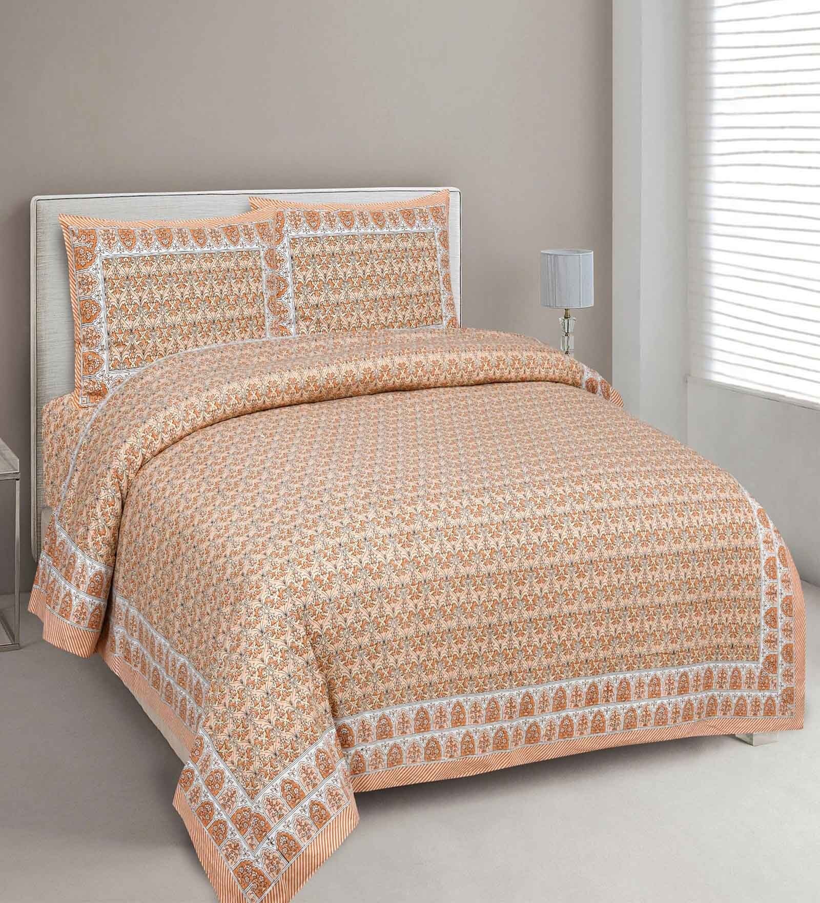 Orange Floral 144 TC Cotton King Bedsheet and 2 Pillow Cover