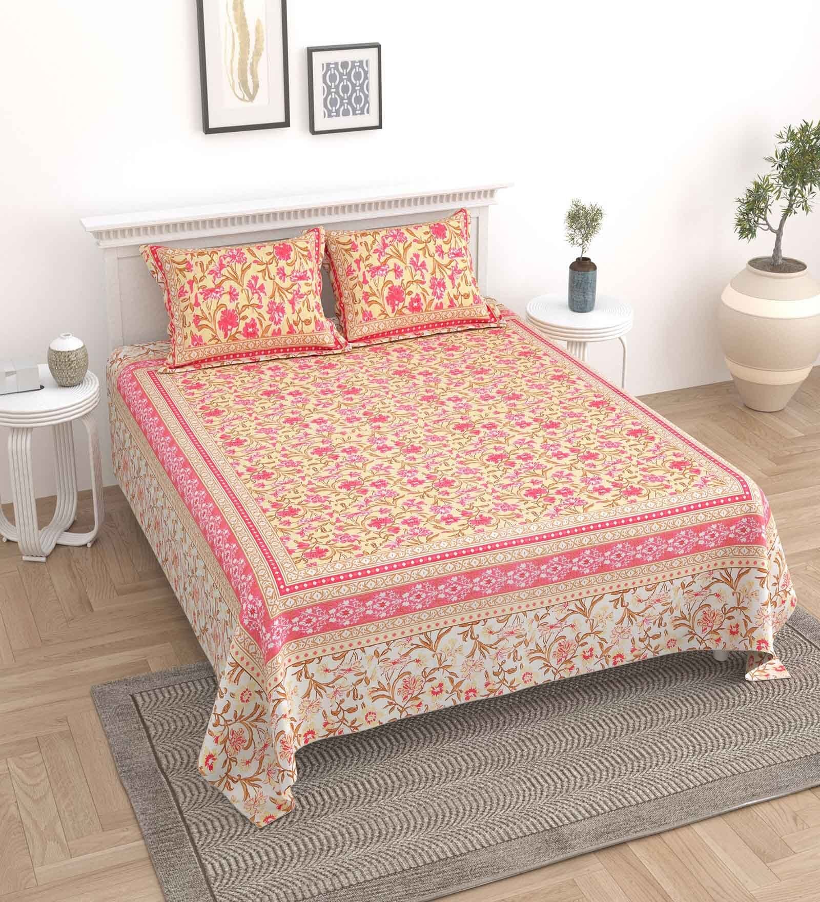 Orange Floral 144 TC Cotton King Bedsheet and 2 Pillow Cover