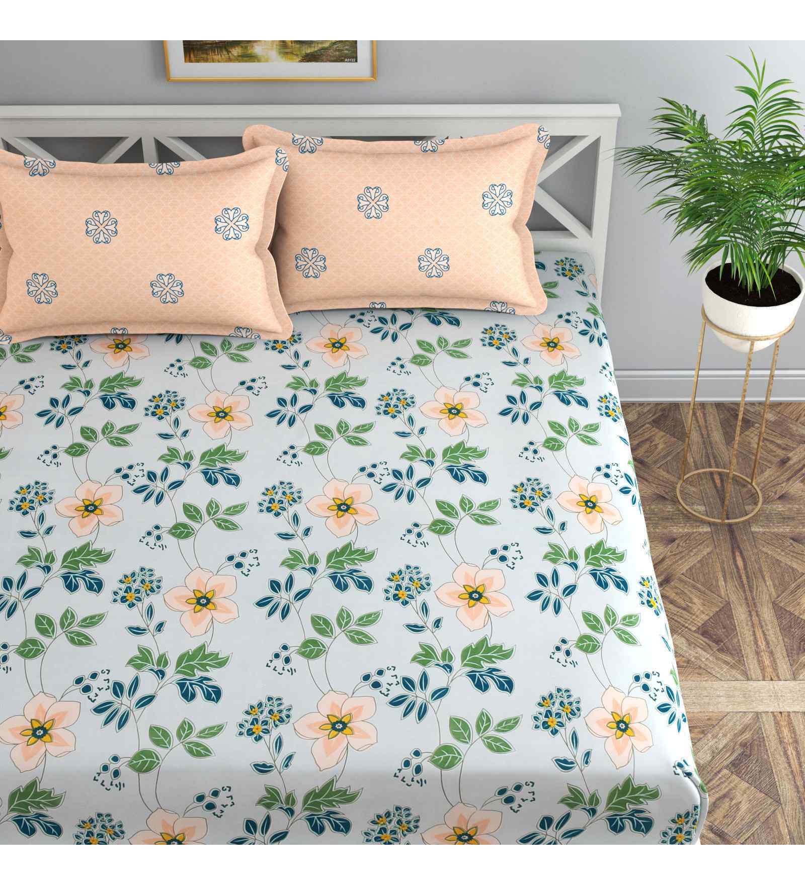 Orange Floral 144 TC Cotton Queen Sized Bedsheet Bedsheet 2 Pillow Prime Collection