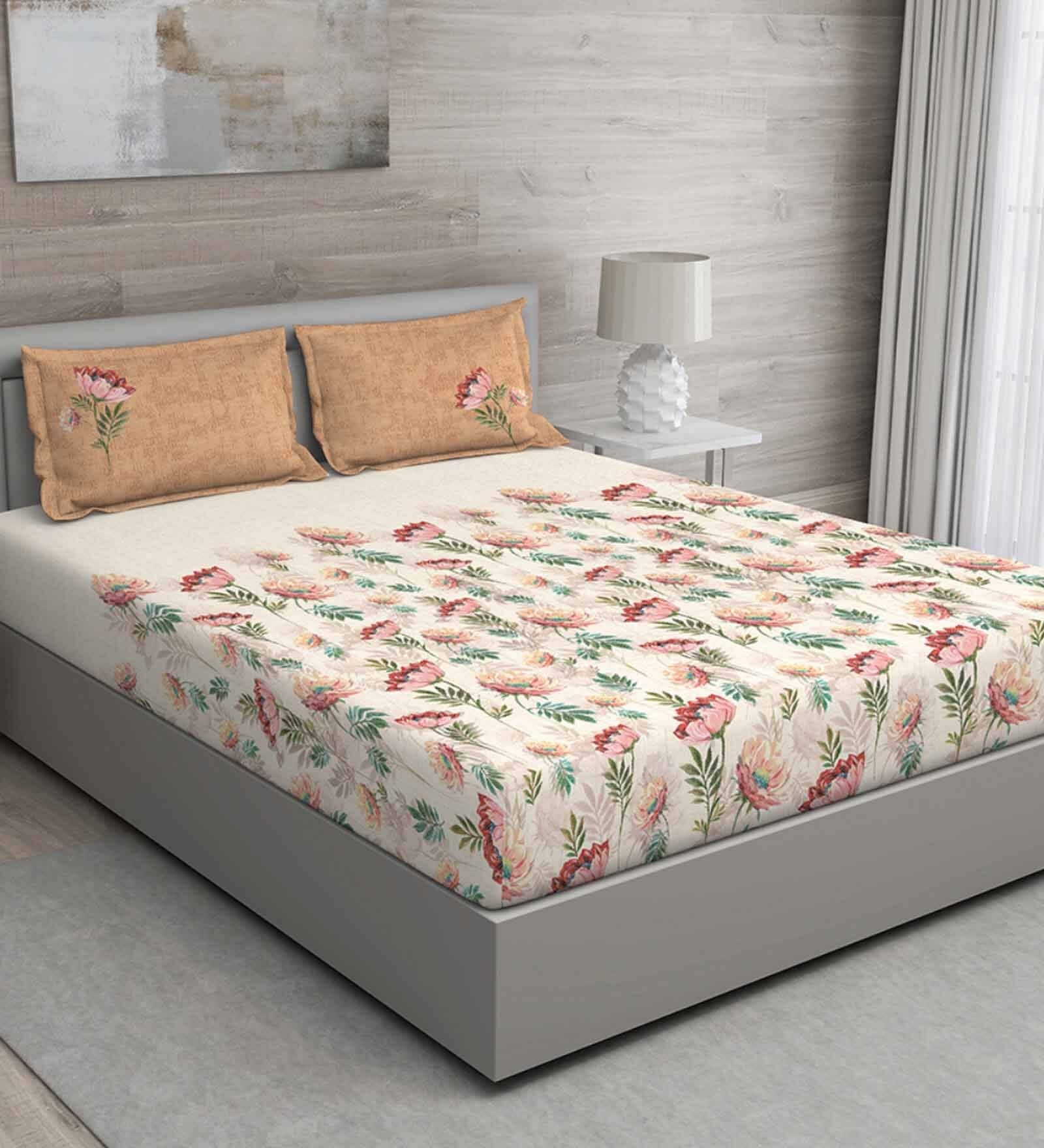 Orange Floral 144 TC Cotton Queen Sized Bed Sheets with 2 Pillow Covers