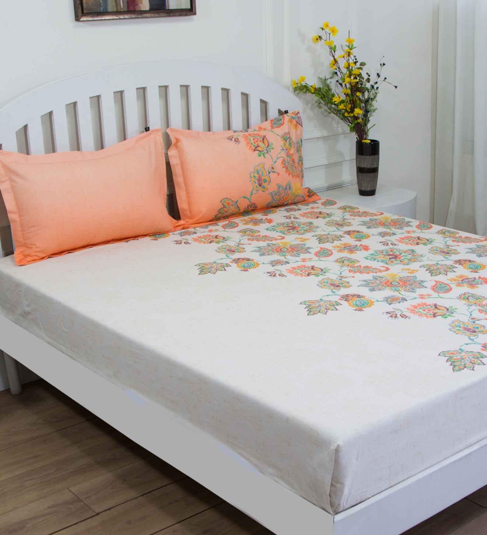 Orange Floral 144 TC Cotton Queen Sized Bed Sheets with 2 Pillow Covers