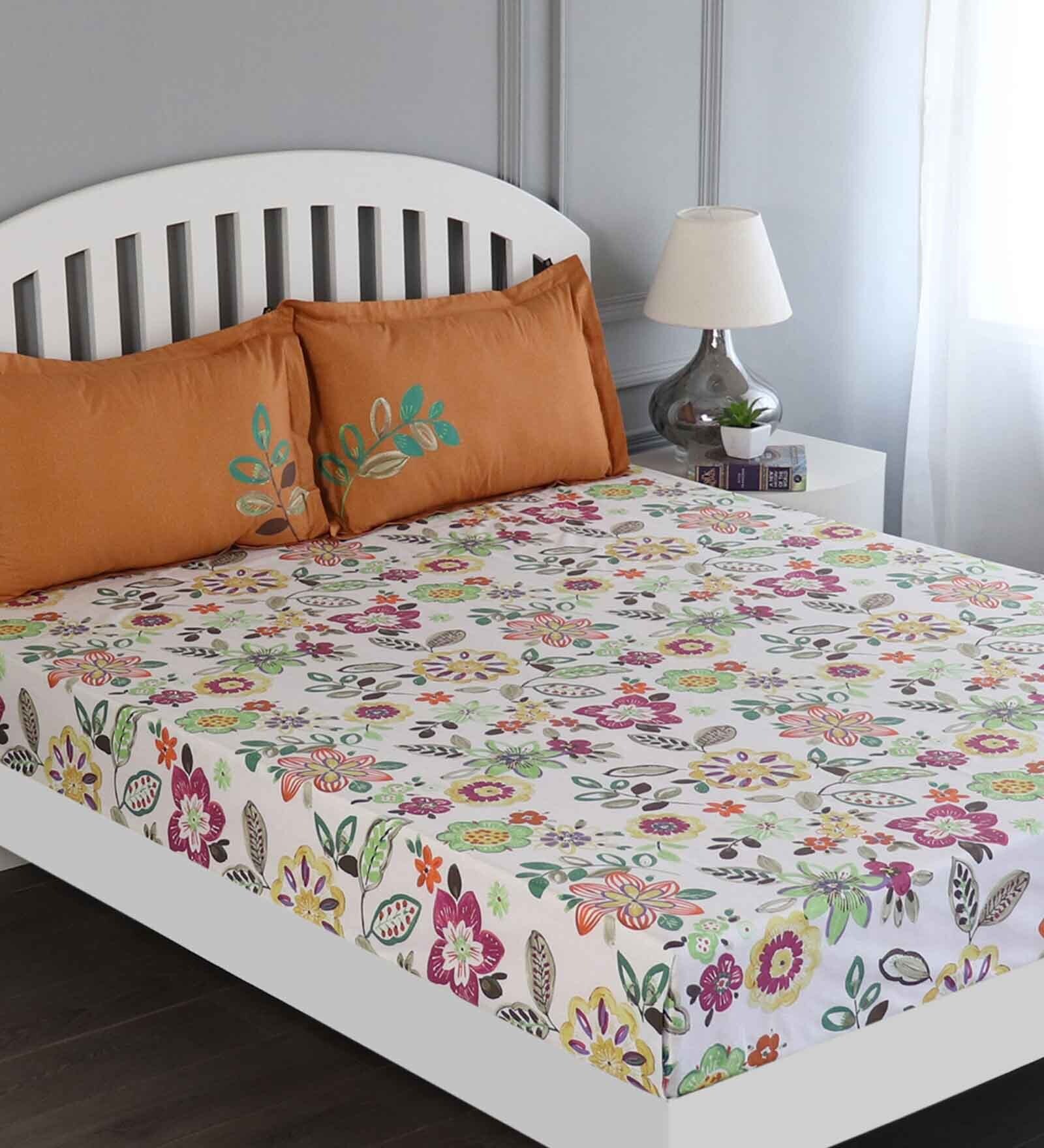 Orange Floral 150 TC Cotton Queen Sized Bed Sheets with 2 Pillow Covers