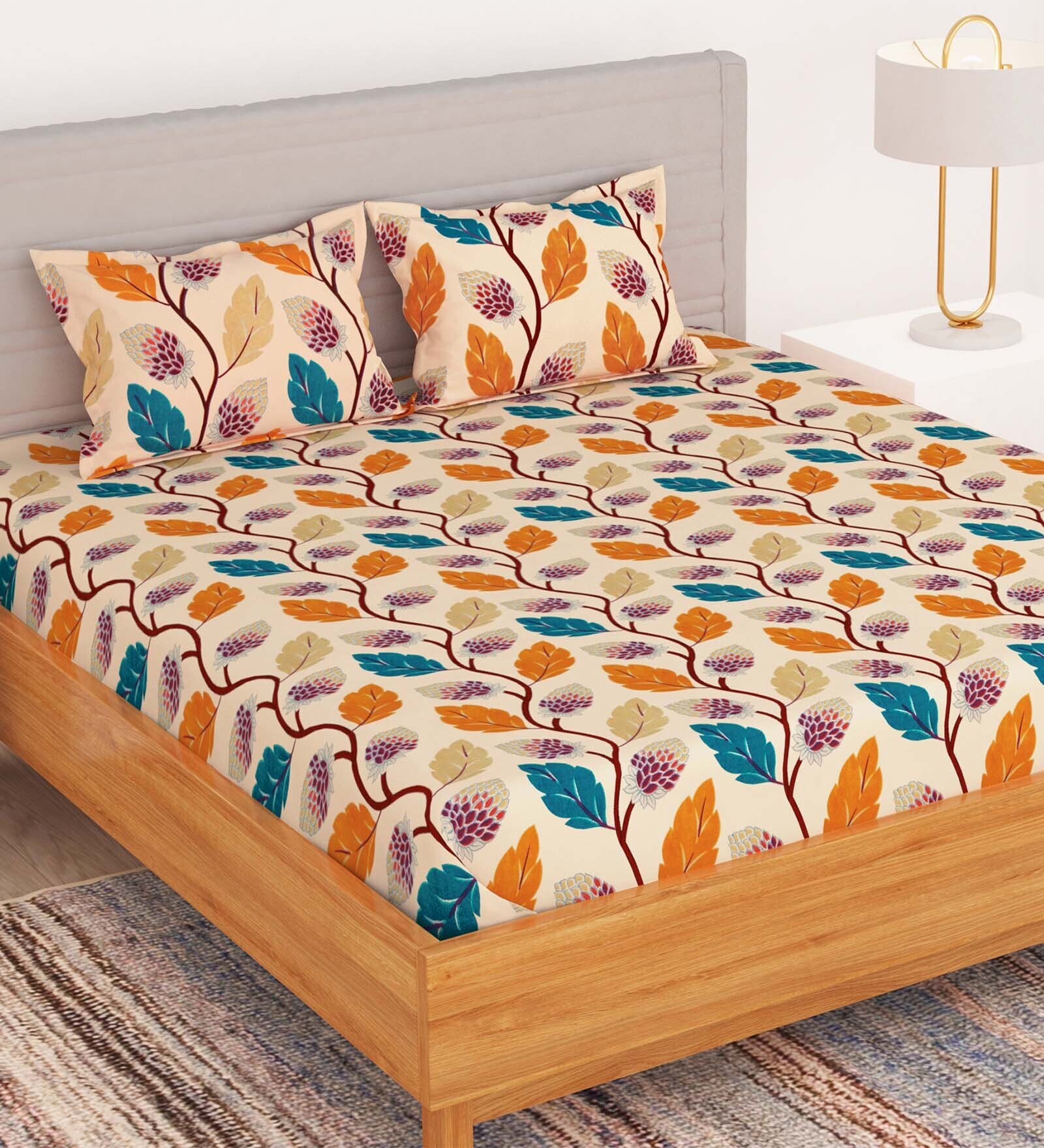 Orange Floral 150 TC Microfiber Queen Double Bedsheet With 2 Pillow Cover