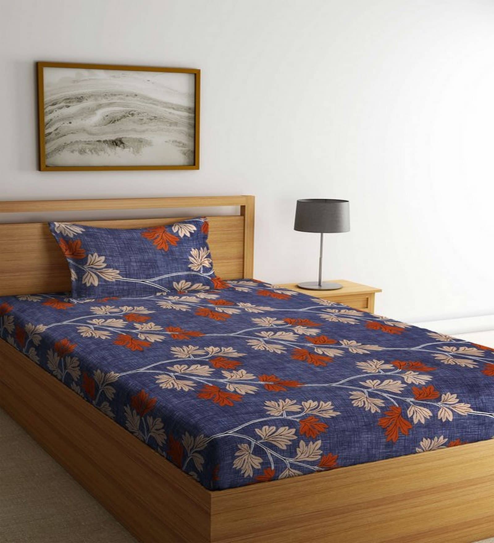 Blue Floral 150 TC Polycotton Single Bed Sheet With 1 Pillow Cover