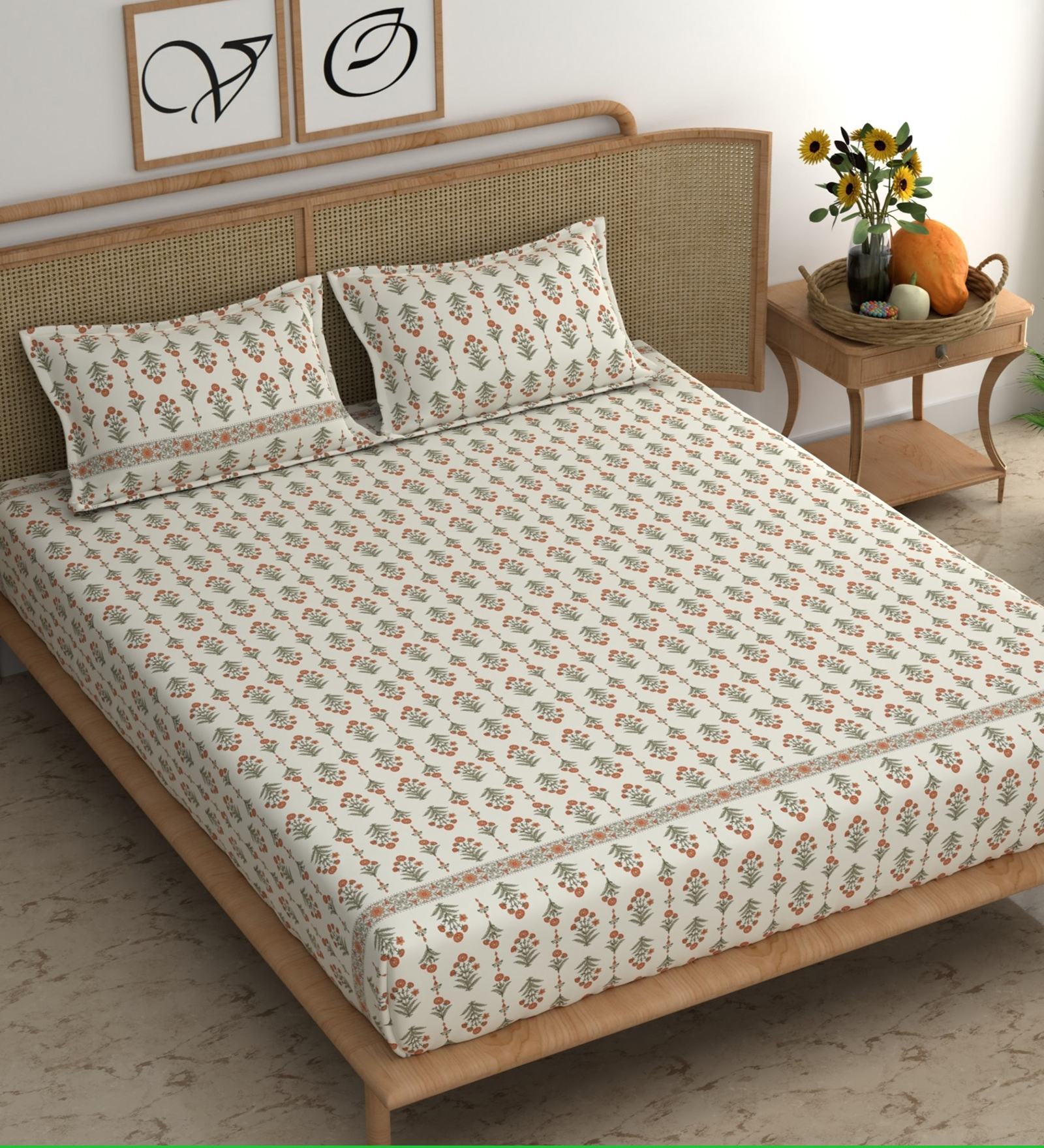 Orange Floral 210 TC Microfiber Double King Size Bedsheet With 2 Pillow Covers
