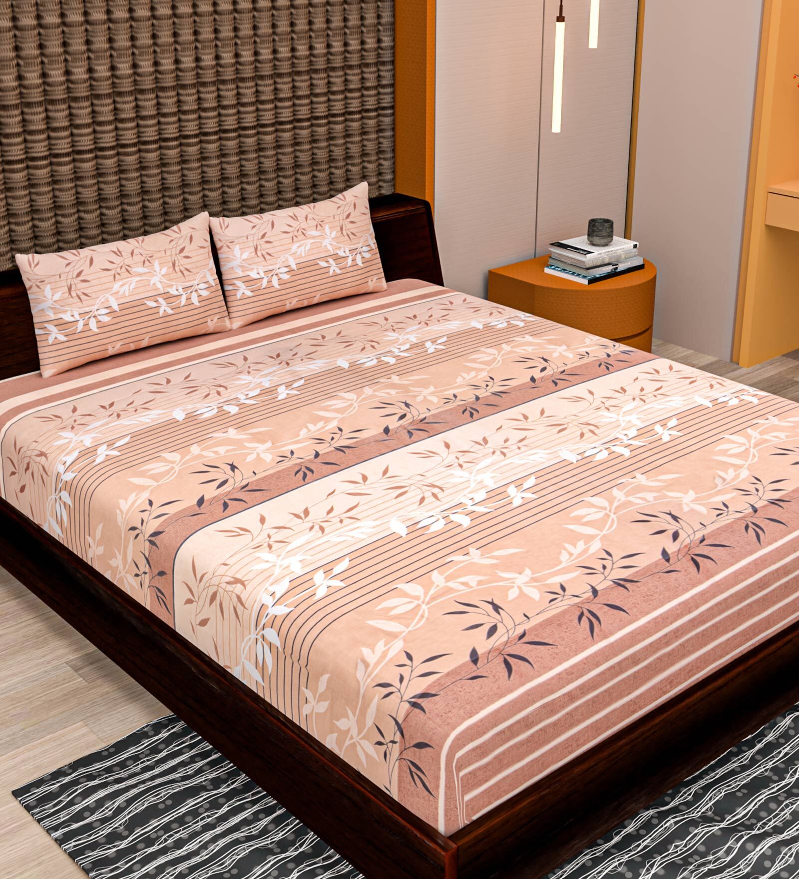 Buy Orange Floral 240 TC Cotton King Sized Bed Sheets with 2 Pillow