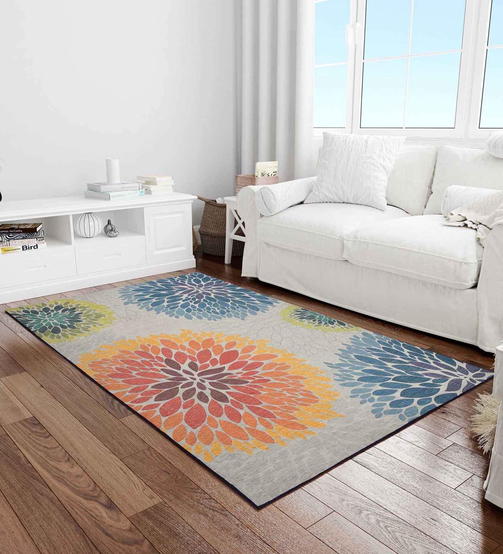 Orange Floral Polyester 5 ft x 7 ft Machine made Carpet
