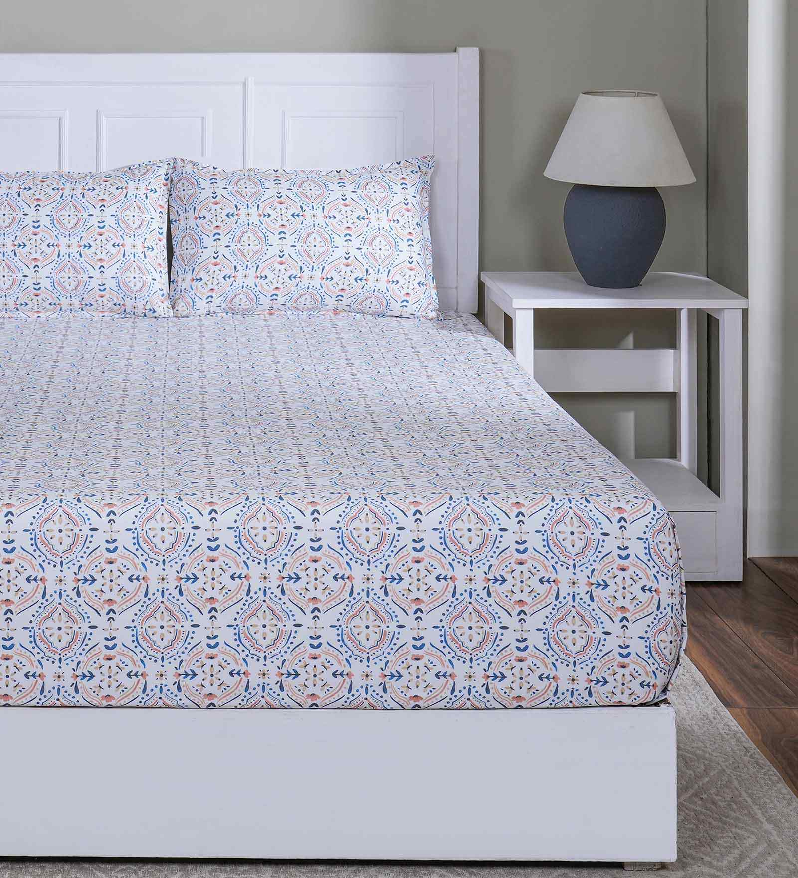 Orange Floral Print 144 TC Cotton Double Bed Fitted Sheet with 2 Pillow Case Sensory Bloom Collection