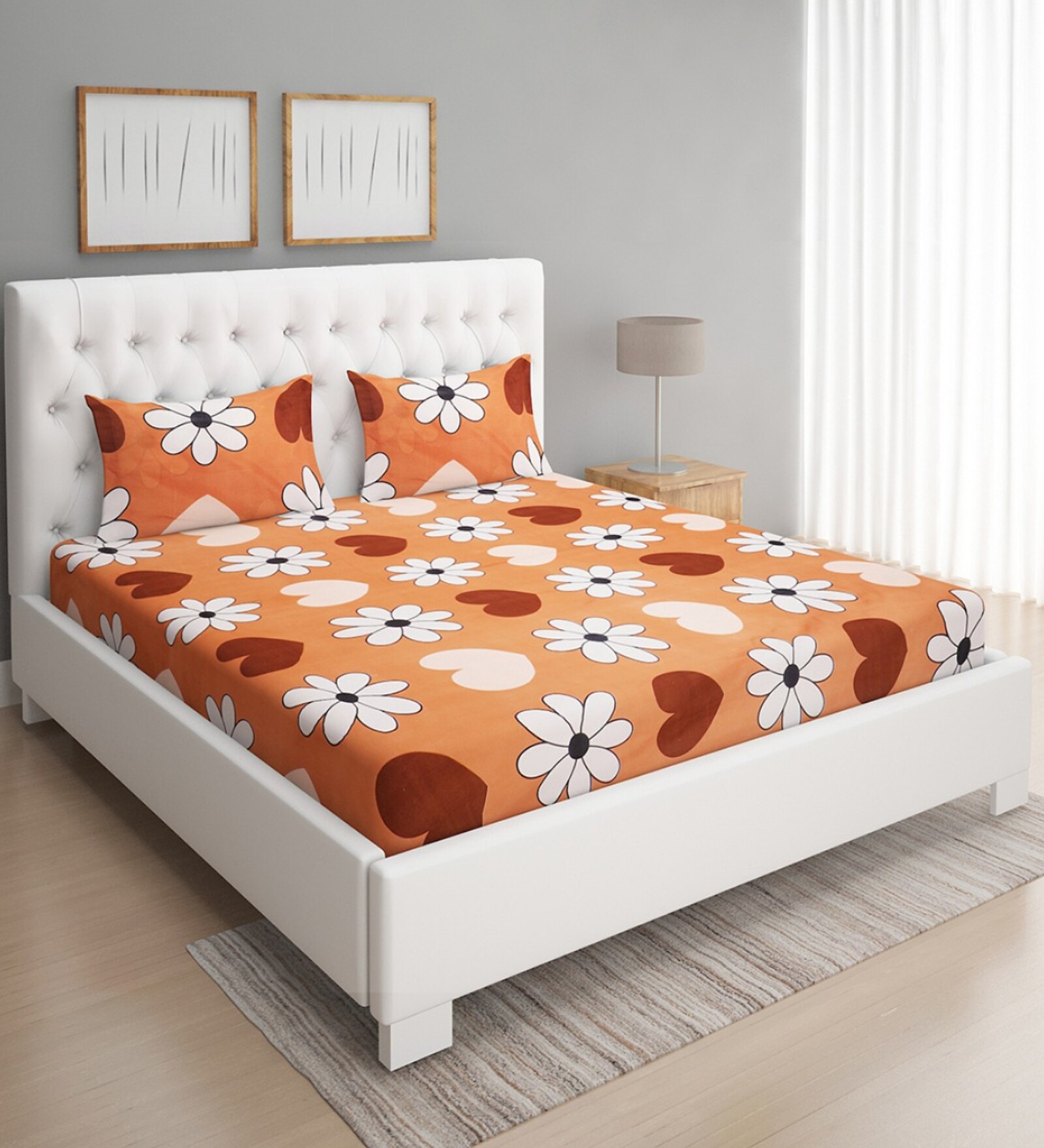 Orange Floral 144 TC Microfiber Double Sized Bedsheet With 2 Pillow Covers