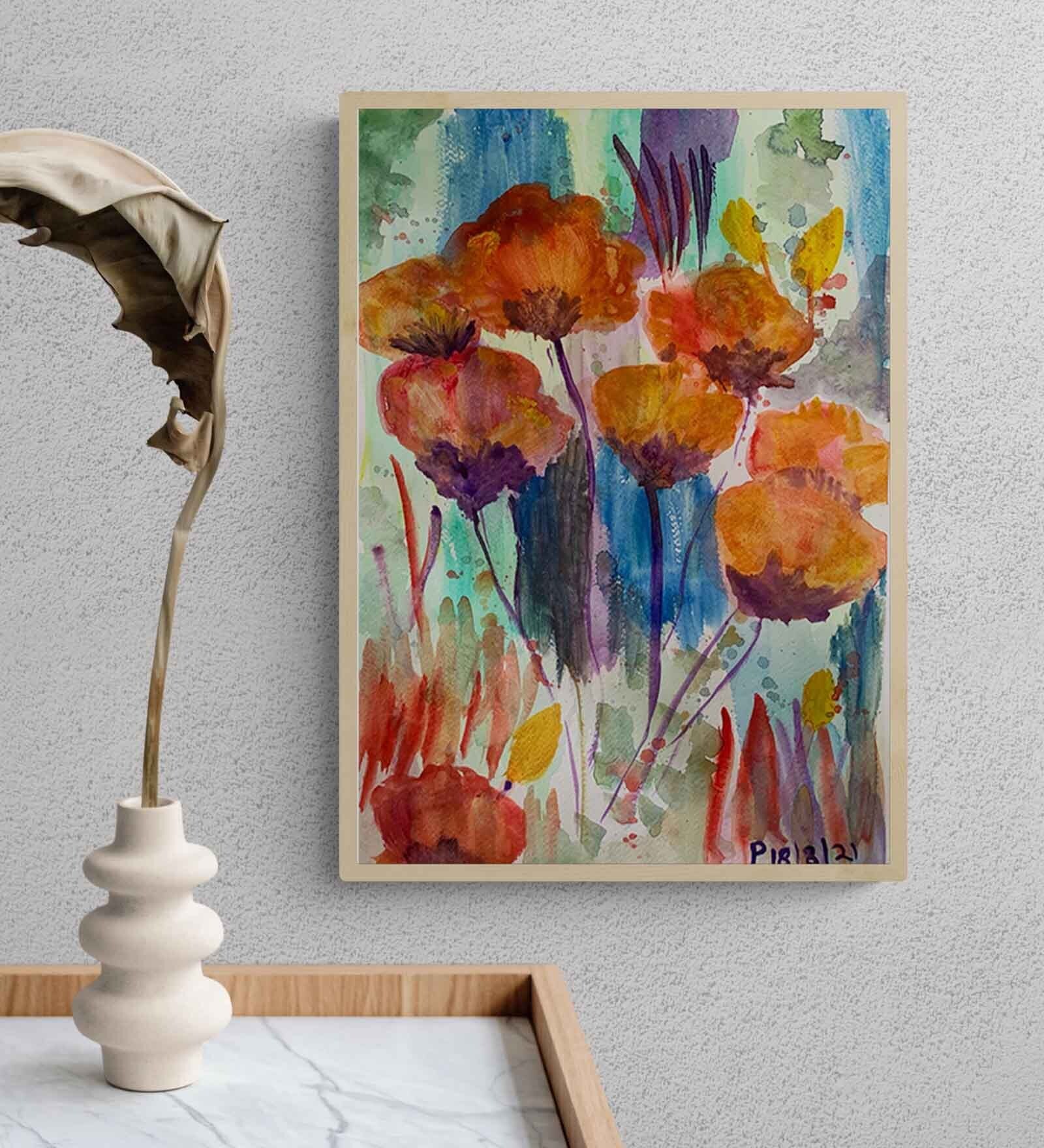 Orange Flowers Handmade Acrylic Paint On Canvas Unframed