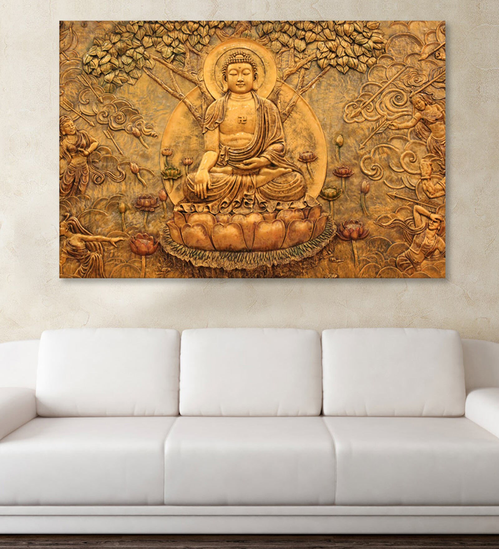 Buddha In Orange Canvas Framed Art Print (33 x 21 Inches)