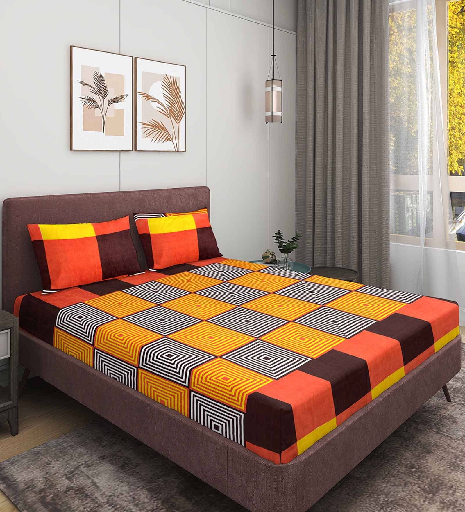 Orange Geometric 144 TC Microfiber Double Sized Bedsheet With 2 Pillow Covers