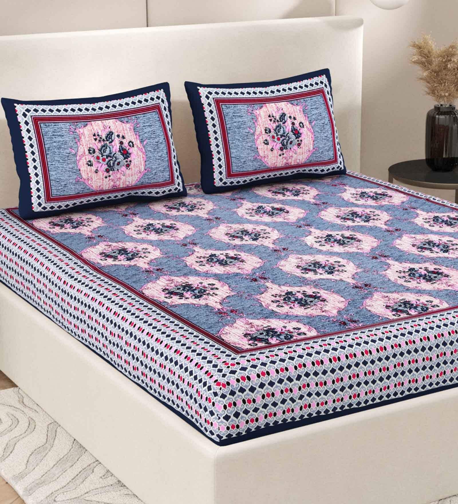 Multicolor Floral 200 TC Cotton Double Queen Sized Bedsheet With 2 Pillow Covers