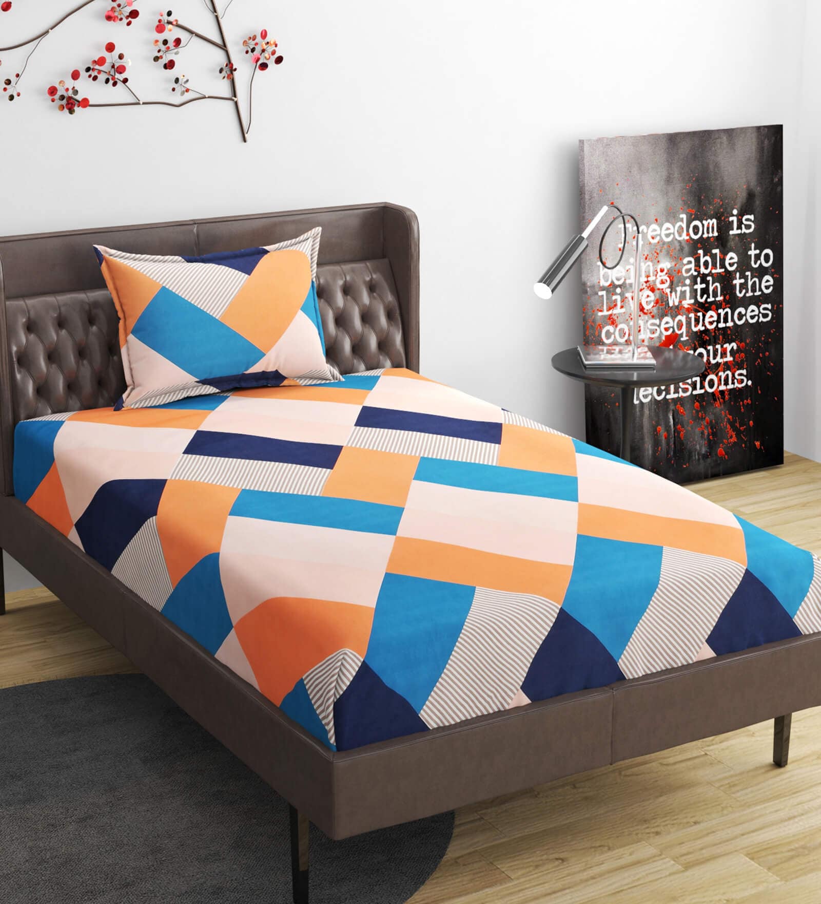 Orange Geometric 280 TC Microfibre Fitted Single Bedsheet 1 Pillow Cover