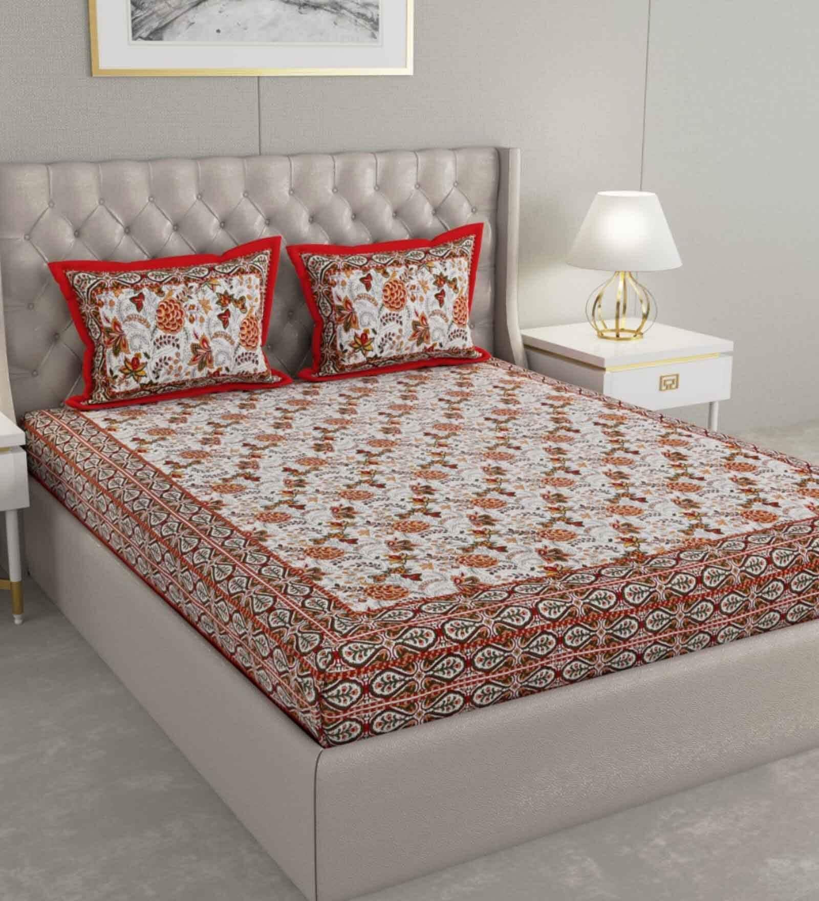 Red Floral 600 TC Cotton Double King Sized Bedsheet With 2 Pillow Covers