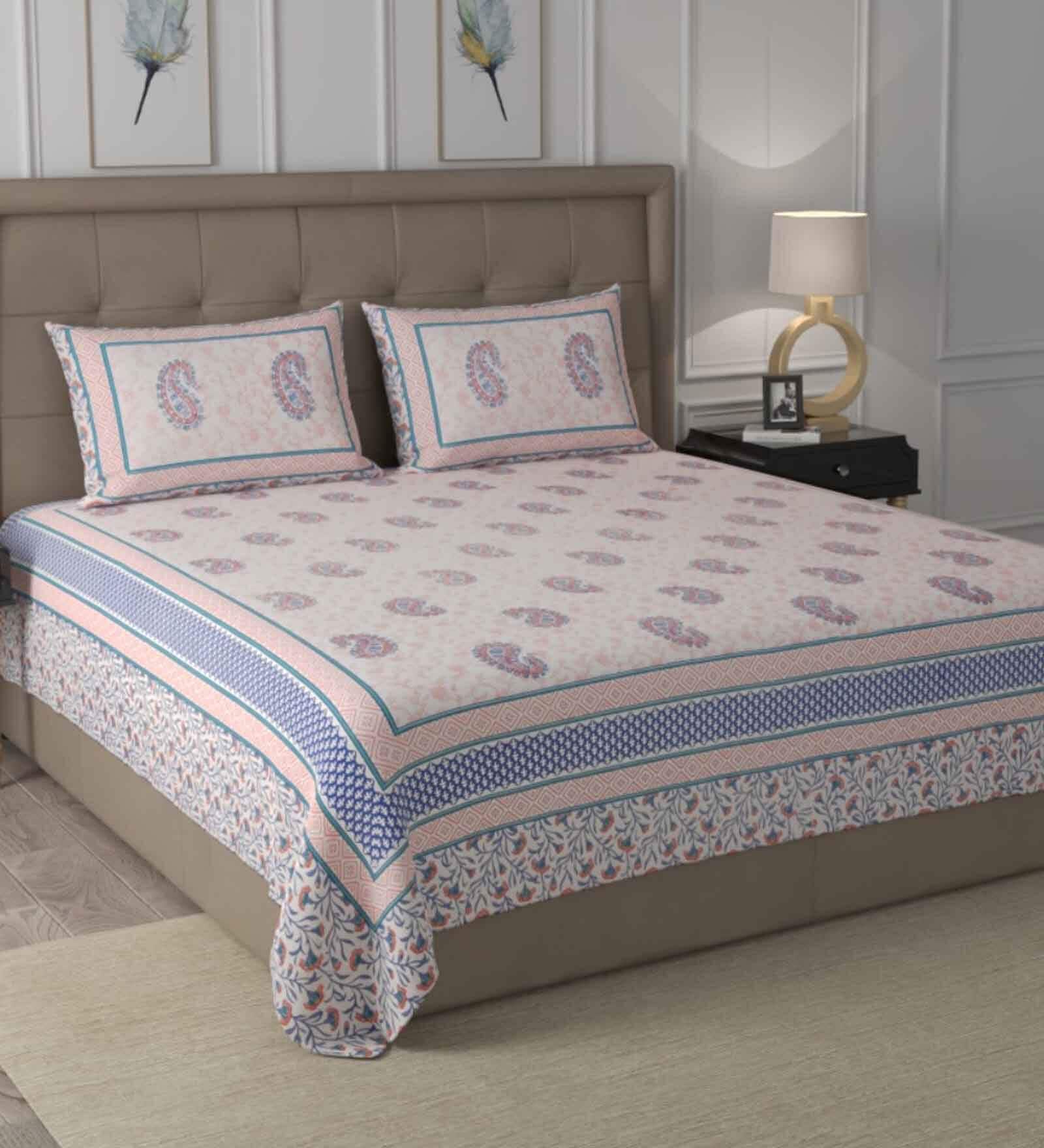 Blue Traditional 600 TC Cotton Double King Sized Bedsheet With 2 Pillow Covers