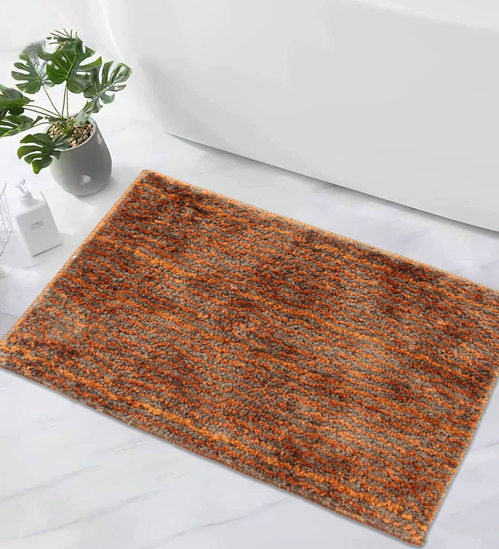 Orange Geometric Microfibre 23x15 Inches AntiSkid Bath Mat