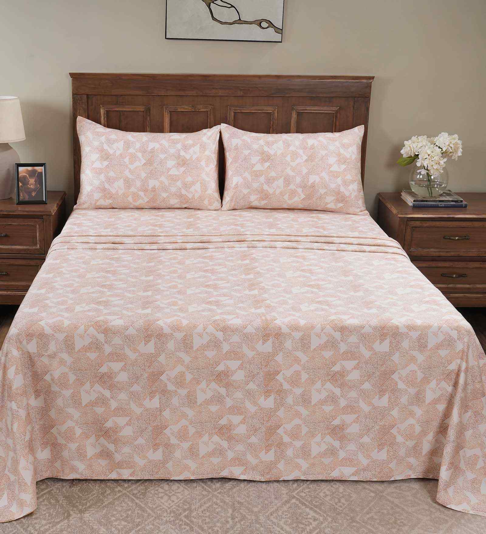 Orange Geometric Print 200 TC Cotton Double Bed Sheet with 2 Pillow Covers Eclectic Geo Collection