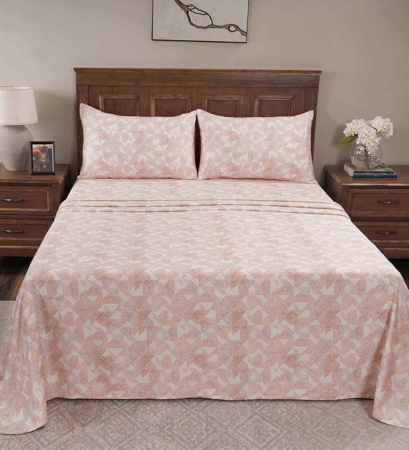Orange Geometric Print 200 TC Cotton Single Bed Sheet with 1 Pillow Cover Eclectic Geo Collection