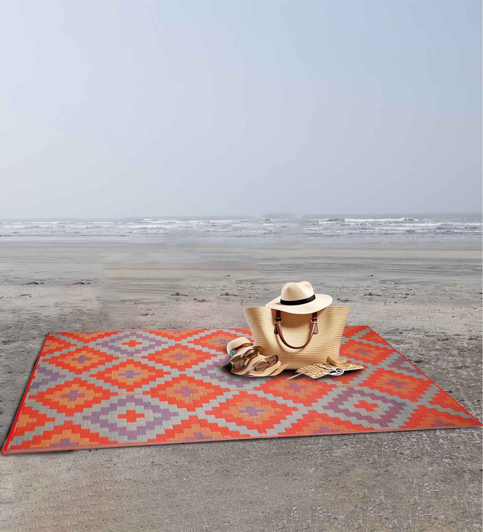 Orange Geometrical Polyproylene 6 ft x 9 ft Machine Made Picnic  Mats