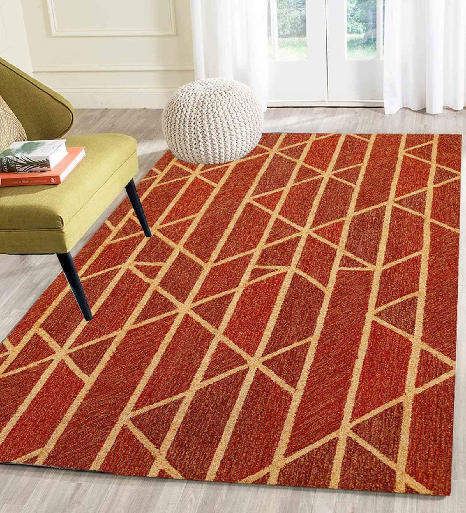 Orange Geometrical Wool 5 ft x 7 ft Hand Tufted Carpet