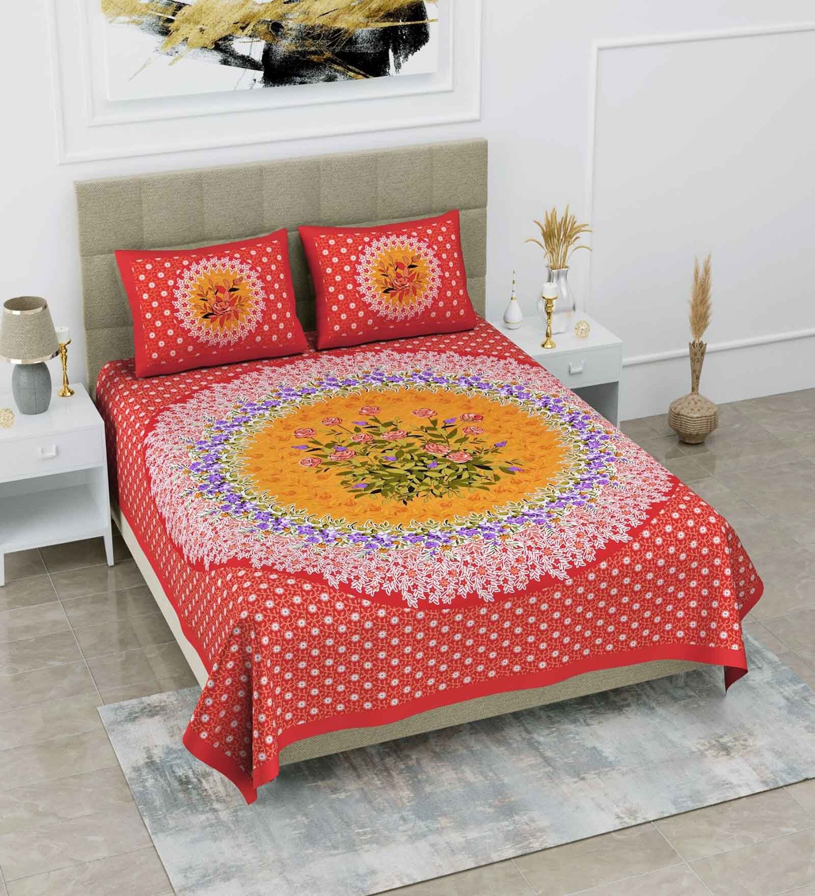 Orange Traditional 120 TC Cotton Queen Sized Bedsheet with 2 Pillow Cover