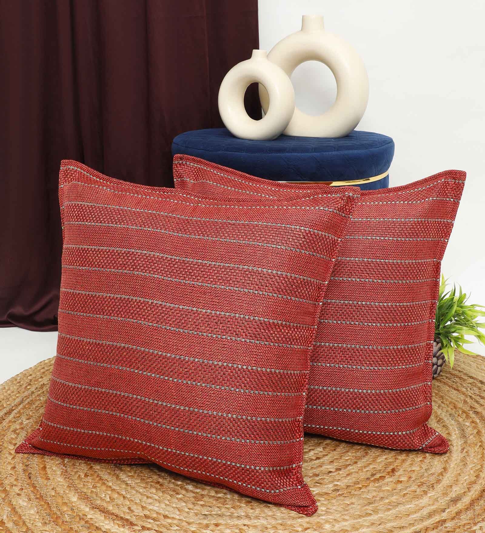 Orange Jute Stripes 16x16 inches  Regular Cushion Covers  (2Pcs)