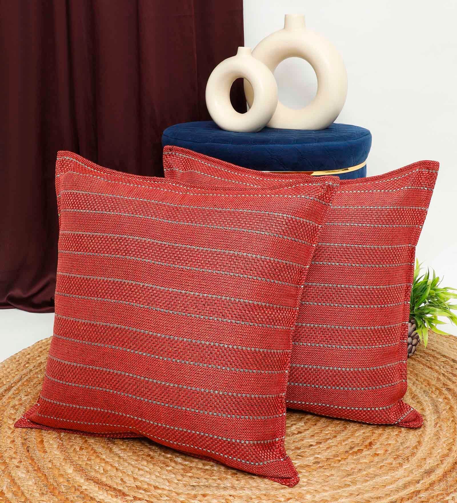 Orange Jute Stripes 18x18 inches  Large Cushion Covers  (2Pcs)